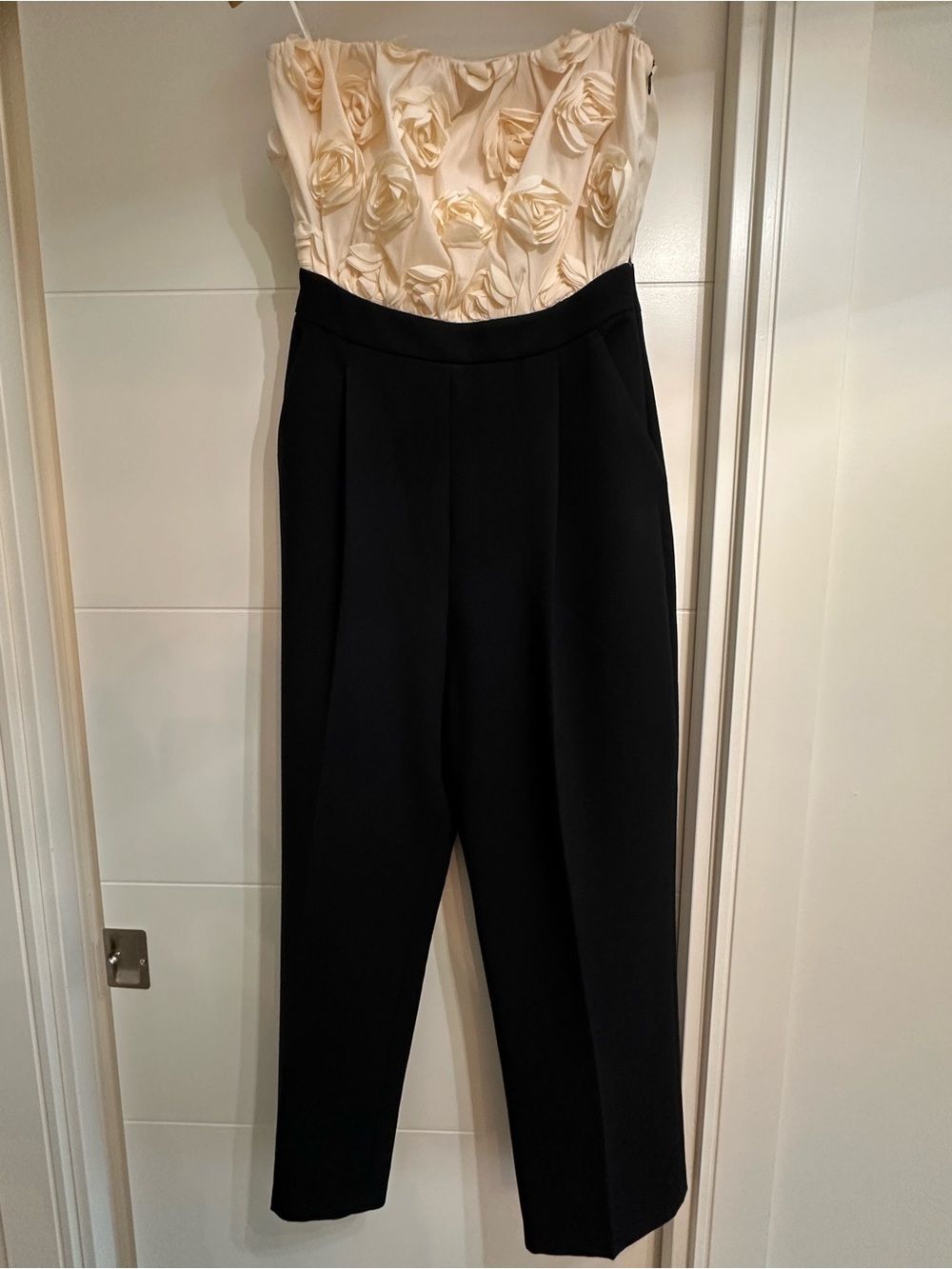 Zara Strapless Cream Rose Appliqué Jumpsuit with Black Straight-Leg Pants